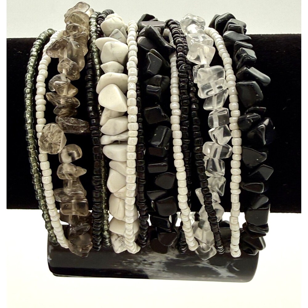 15 Strand Wide Cuff Bracelet Black White Stone Chips & Glass Seed Beads Boho
